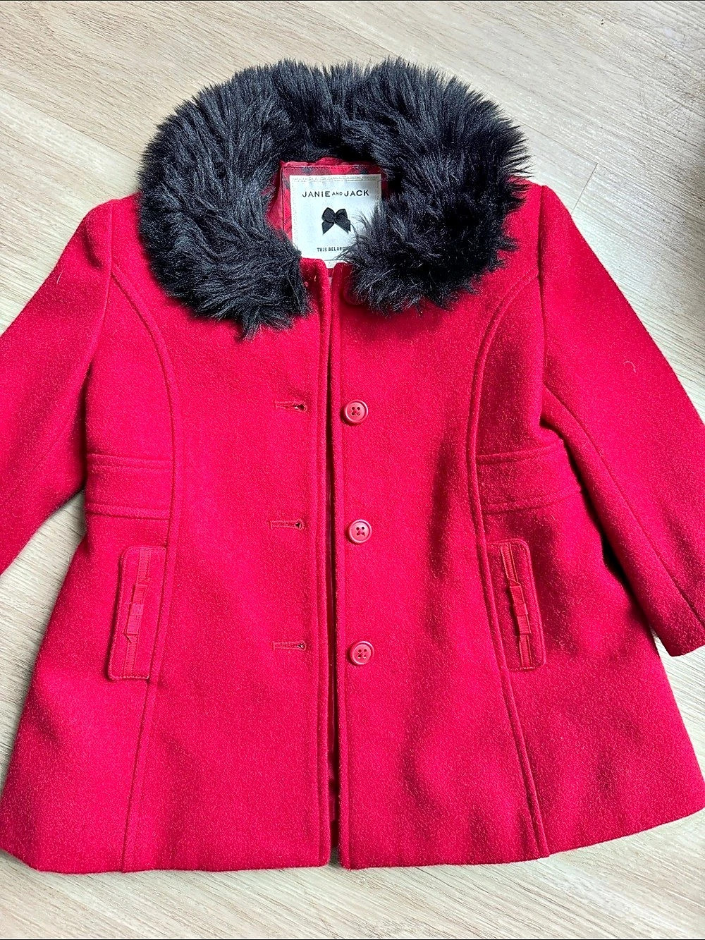Janie and Jack Wool Blend Faux Fur Collar Coat Red & Black Baby 12 to 24 Months